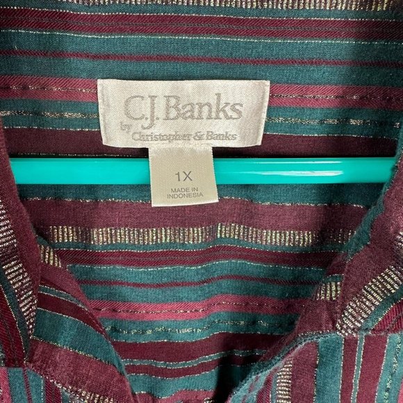 CJ Banks Womens Button Up Top Long Sleeve Stripes Maroon Green Plus Size 1X - Picture 3 of 11